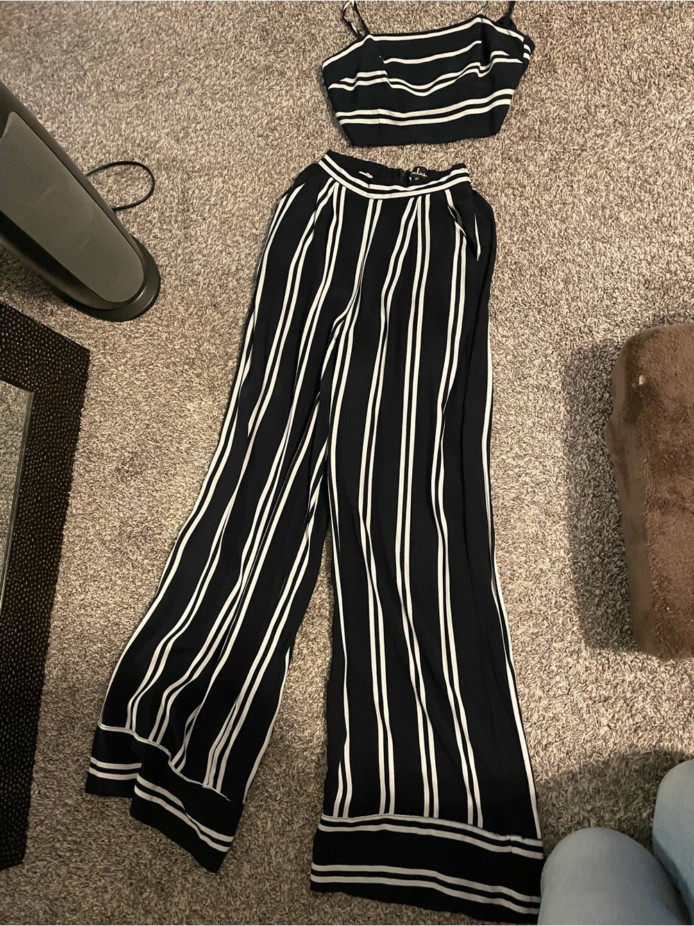 Lulu's navy & White Striped two piece Wide-Leg Pants outfit